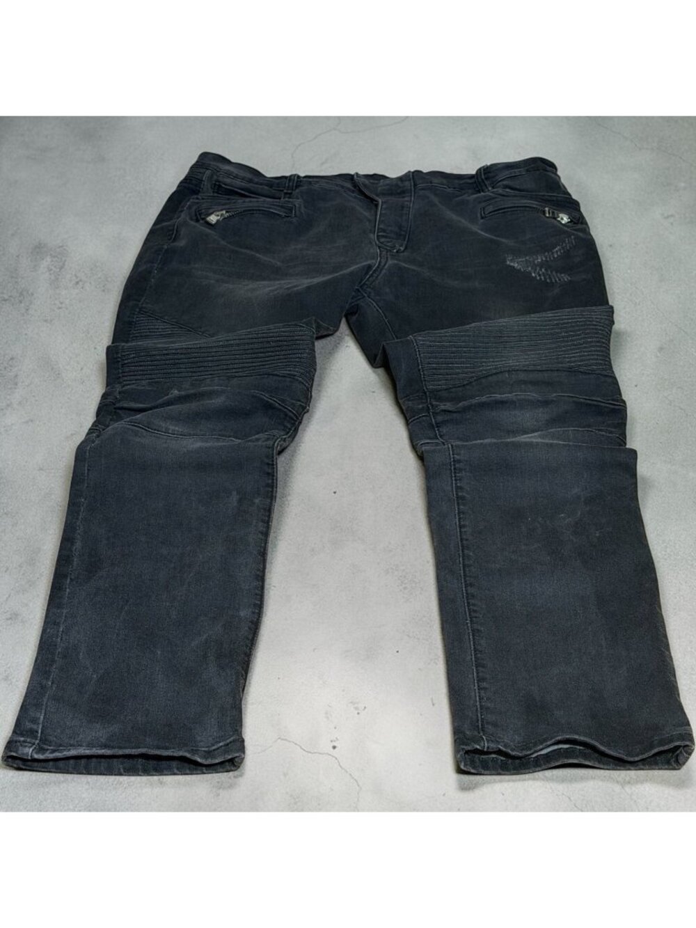 Balmain Paris Biker Ribbed Distressed Denim Jeans Black Gray Mens Sz 40